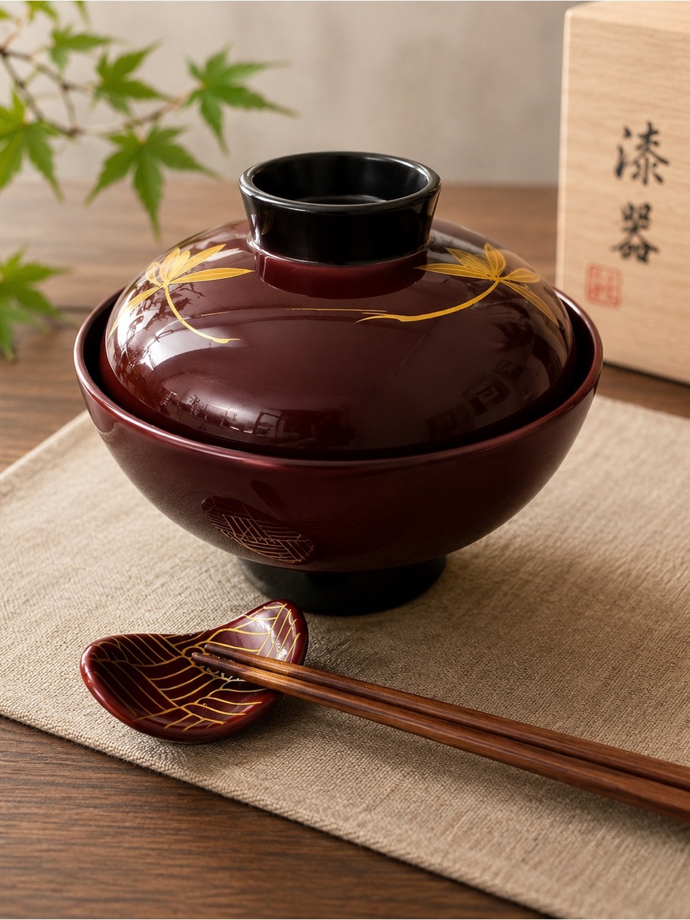 Vintage Lacquered Deep Burgundy Japanese Soup Bowl with Lid and Chopstick Rest